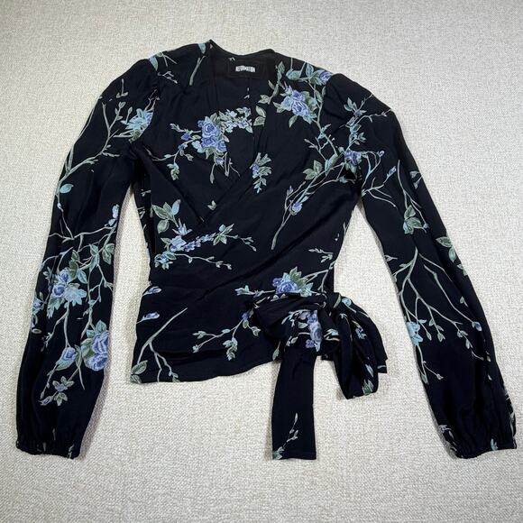 Reformation Women Medium Black Floral Print Long Sleeve Wrap Style Blouse Chic - Picture 1 of 8